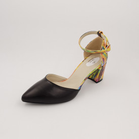 Pantofi sanda dama eleganti, piele naturala, toc gros, imbracat, negru cu picturi colorate, Sandali