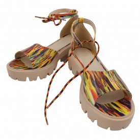 Sandale dama casual, piele naturala, sireturi colorate, talpa usoara, crampoane, imprimeu picturi colorate, Sandali