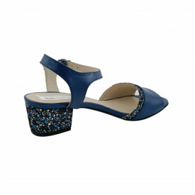 Sandale dama eleganti, piele naturala, toc mic gros, barete, imprimeu de flori albastre, albastru, Sandali