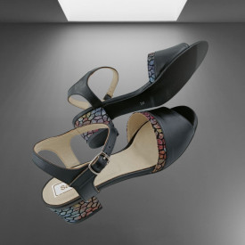 Sandale dama eleganti, piele naturala, toc mic gros, barete, imprimeu de mozaic, negru, Sandali