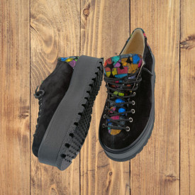 Pantofi oxford dama, piele naturala velur, talpa inalta, negru, buline colorate, Sandali