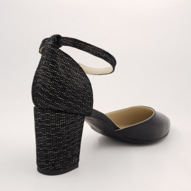 Pantofi sanda dama eleganti, piele naturala, toc gros, imbracat, negru cu imprimeu maro-alb, Sandali