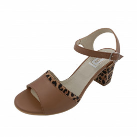 Sandale dama eleganti, piele naturala, toc mediu gros, barete, imprimeu de leopard, bej inchis, Sandali