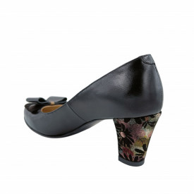 Pantofi dama eleganti, piele naturala, negru cu funda, toc mediu gros imbracat imprimeu de flori, Sandali