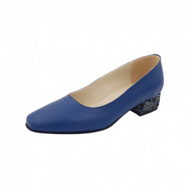 Pantofi dama eleganti, varf patrat, piele naturala, toc mic gros imbracat, albastru cu flori albastre, Sandali