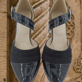Pantofi sanda dama eleganti, piele naturala lacuit, camoscio, toc gros, negru, Sandali