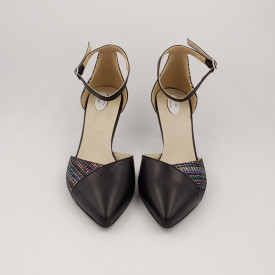 Sandale dama eleganti, varf ascutit, piele naturala, toc gros, negru cu linii colorate, Sandali