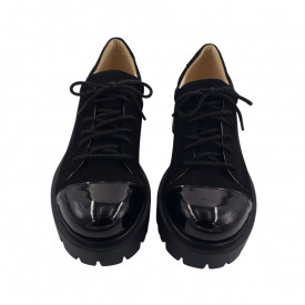 Pantofi dama casual, piele naturala velur, cu siret, talpa usoara, crampoane, lacuit, negru, Sandali