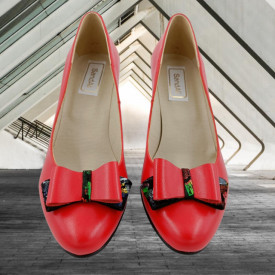 Pantofi dama eleganti, piele naturala, funda imprimeu picasso, toc mediu gros striati, rosu, Sandali
