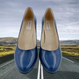Pantofi dama eleganti, piele naturala, toc mediu gros, cu striati, albastru, Sandali