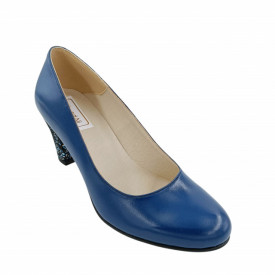 Pantofi dama eleganti, piele naturala, toc mediu gros imbracat imprimeu de flori albastre, albastru, Sandali