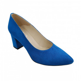 Pantofi dama eleganti, stiletto, piele naturala velur, toc gros imbracat, albastru, SANDALI