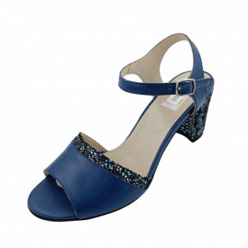 Sandale dama eleganti, piele naturala, toc mediu gros, cu barete, cu imprimeu de flori albastre, albastru, Sandali