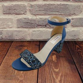 Sandale dama eleganti, piele naturala, toc mediu gros, imprimeu de flori albastre, albastru, Sandali