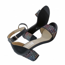 Sandale dama eleganti, piele naturala, toc mediu gros, imprimeu de mozaic, negru, Sandali