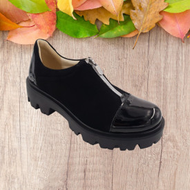 Pantofi dama casual, piele naturala velur, cu fermoar, talpa usoara, crampoane, lacuit, negru, Sandali