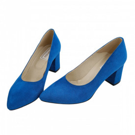 Pantofi dama eleganti, stiletto, piele naturala velur, toc gros imbracat, albastru, SANDALI