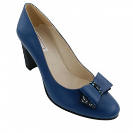 Pantofi dama, SandAli, piele naturala, funda imprimeu flori albastre, toc mediu gros striati, albastru