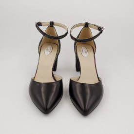 Pantofi sanda dama eleganti, piele naturala, toc gros, imbracat, negru cu dungi colorate, Sandali