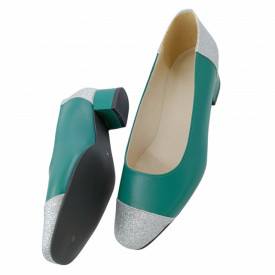 Pantofi dama eleganti, piele naturala box, toc gros, varf migdalat, glitter argintiu, verde, Sandali