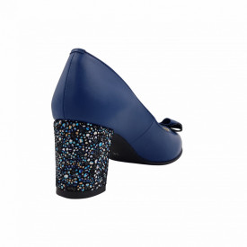 Pantofi dama eleganti, piele naturala, toc gros imbracat, funda, albastru cu flori albastre, Sandali