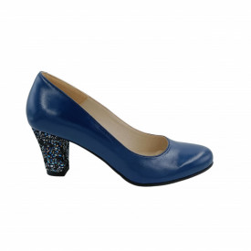 Pantofi dama, SandAli, piele naturala, toc mediu gros imbracat imprimeu de flori albastre, albastru