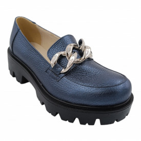 Pantofi mocasini dama, piele naturala bizon, ornament lant, albastru. SANDALI