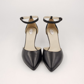 Pantofi sanda dama eleganti, piele naturala, toc cui, imbracat, negru cu buline albe, Sandali