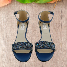 Sandale dama eleganti, piele naturala, toc mic gros, imprimeu de flori albastre pe bareta, albastru, Sandali