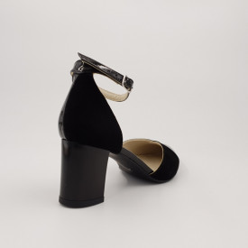 Sandale dama eleganti, varf ascutit, piele naturala, toc gros, negru lacuit velur, Sandali