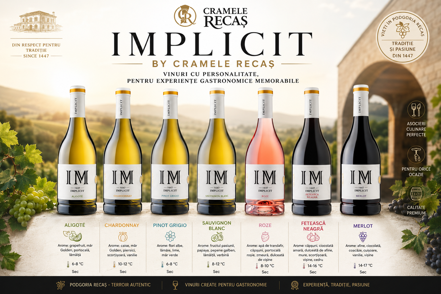 Vinurile IMPLICIT de la Cramele Recas – Ghid complet despre Aligote, Chardonnay, Pinot Grigio, Sauvignon Blanc, Roze, Feteasca Neagra si Merlot