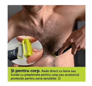 Aparat de ras (0,2mm) si tuns (0,4-10mm) PHILIPS OneBlade Pro QP6542/15, Fata&corp, pieptene cu 14 setari de lungime (0,4-10 mm), 2 accesorii pentru utilizare pe corp, 2 lame 360, 90 min (Li-ion), cablu de alimentare USB-A, fara adaptor pentru priza - Img 4