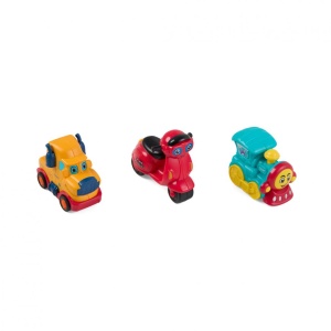 SET 3 VEHICULE ACTIONATE PRIN INERTIE- MASINUTA GALBENA, SCUTER ROSU, TREN ALBASTRU, MOMKI - Img 2