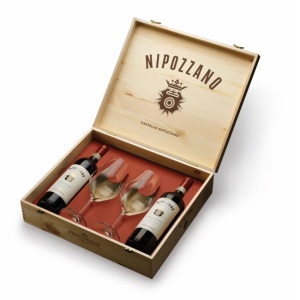 Pachet Cadou Vin Rosu2 Sticle Nipozzano Riserva Chiant Rufina Frescobaldi DOCG 0.75l + 2 Pahare In Cutie Lemn