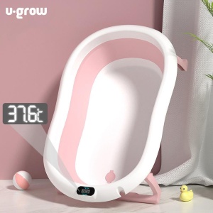 Cadita cu pernuta pentru bebelusi, termometru digital incorporat, pliabila, dop se scurgere, picioare anti-alunecare , roz, U-Grow - Img 3