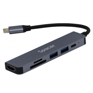 Docking station SPACER SPDS-TYPEC-HUPS-6IN1, USB Type-C, 87W, Gri, 2 ani Garantie
