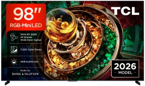 Televizor TCL RGB-MiniLed 98RM9L, 248 cm, Smart Google TV, 4K Ultra HD, 144Hz, Bang & Olufsen, Clasa F (Model 2026)