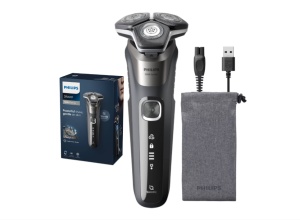 Aparat de barbierit PHILIPS Shaver Seria 5000 S5887/10, barbierit umed/uscat, tehnologie SkinIQ, fara fir, capete flexibile 360°, display LED, senzor Power Adapt, lame auto-ascutire, lama de tuns integrata, 60 min, husa, Gri carbon