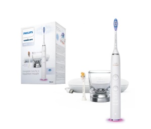 Periuta de dinti sonica electrica Philips Sonicare DiamondClean Smart 9400 HX9917/88, 62000 miscari/minut, 4 moduri de curatare, 3 nivele intensitate, senzor presiune, functia BrushSync, 2 baze cu rol de incarcare, 2 capete de periere, Alb