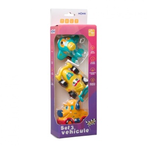SET 3 VEHICULE ACTIONATE PRIN INERTIE- CAMION GALBEN, MASINA DE CURSE GALBENA, AVION ALBASTRU,MOMKI - Img 3