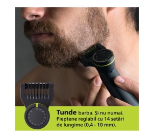 Aparat de ras (0,2mm) si tuns (0,4-10mm) PHILIPS OneBlade Pro QP6542/15, Fata&corp, pieptene cu 14 setari de lungime (0,4-10 mm), 2 accesorii pentru utilizare pe corp, 2 lame 360, 90 min (Li-ion), cablu de alimentare USB-A, fara adaptor pentru priza - Img 3