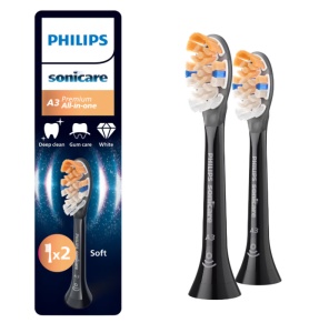 Rezerve PHILIPS Sonicare A3 Premium All in One HX9092/88, Pachet de 2 capete de periere standard, Sincronizarea modurilor BrushSync, Negru, L x A x I (mm) 25.7x60x230.5
