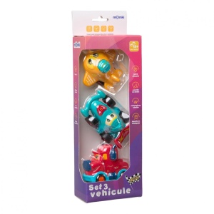 SET 3 VEHICULE ACTIONATE PRIN INERTIE- CAMION ROSU, MASINA DE CURSE ALBASTRA, AVION GALBEN,MOMKI - Img 3