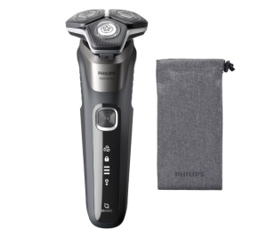 Aparat de barbierit PHILIPS Shaver Seria 5000 S5887/10, barbierit umed/uscat, tehnologie SkinIQ, fara fir, capete flexibile 360°, display LED, senzor Power Adapt, lame auto-ascutire, lama de tuns integrata, 60 min, husa, Gri carbon - Img 2
