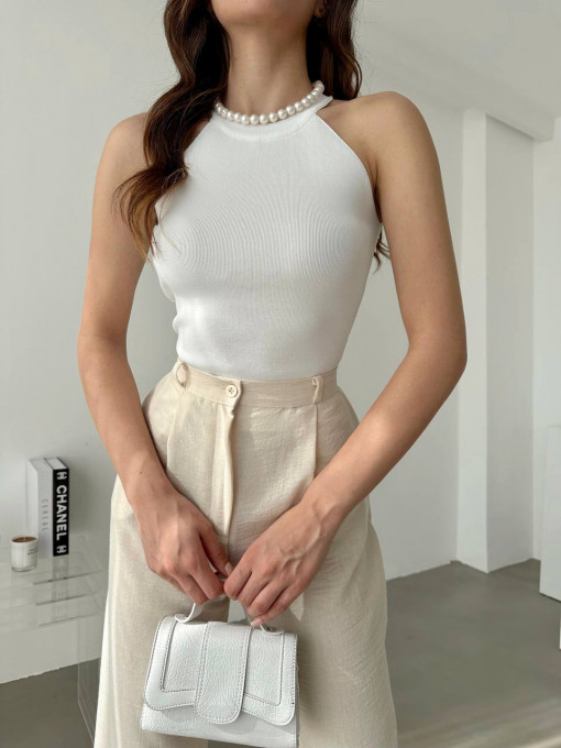Top cu colier perle, umerii goi, oversize, Alb