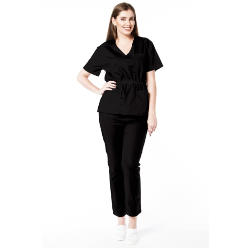 Uniforma medicala stretch (cu elastan) Negru- bluza cambrata cu snur si pantalon pentru femei Doll