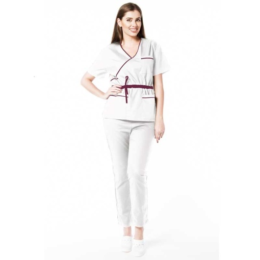 Uniforma medicala stretch DOLL (cu elastan) Alb cu contrast Visiniu, bluza cambrata cu snur si pantalon pentru femei