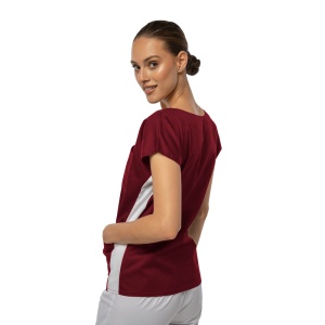 Bluza medicala cambrata stretch DOLL (cu elastan) Visiniu cu contrast Alb pentru femei - Img 1