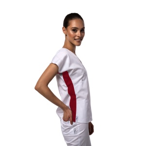 Bluza medicala DOLL cambrata stretch (cu elastan) Alb cu contrast Visiniu pentru femei - Img 1