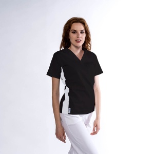 Bluza medicala KULT stretch (cu elastan) Negru cu contrast Alb lateral
